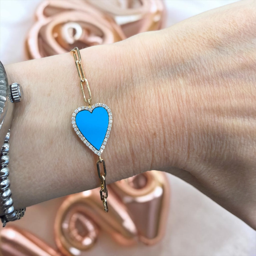 TURQUOISE HEART AND DIAMOND BRACELET WITH PAPERCLIP CHAIN
