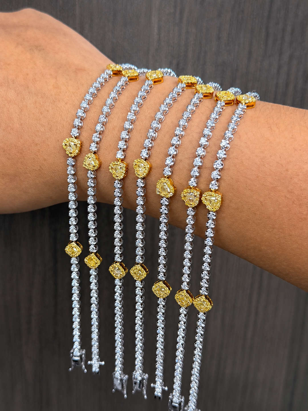 Diamond Tennis Bracelet with Three  fancy Yellow Diamond shapes