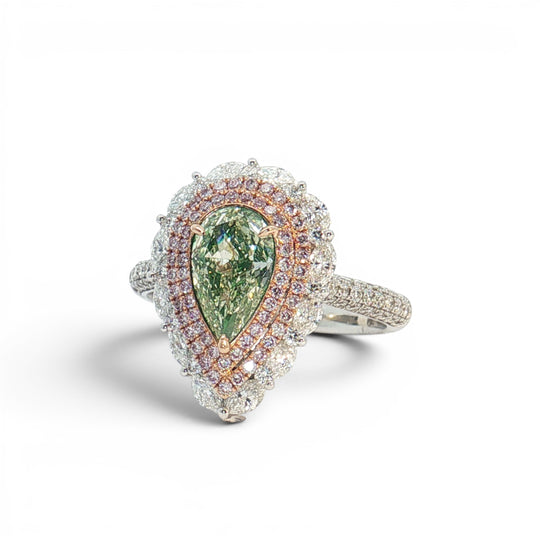 Natural Green Pear Shape Diamond, Pink Diamond and White Diamond halo Ring
