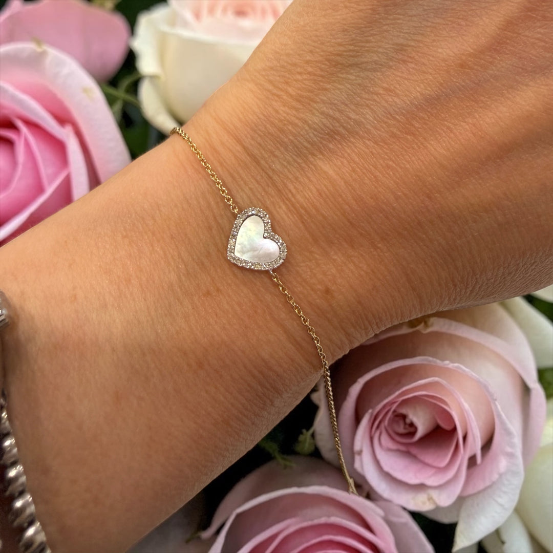 WHITE SMALL MOTHER OF PEARL AND DIAMOND HEART BRACELET