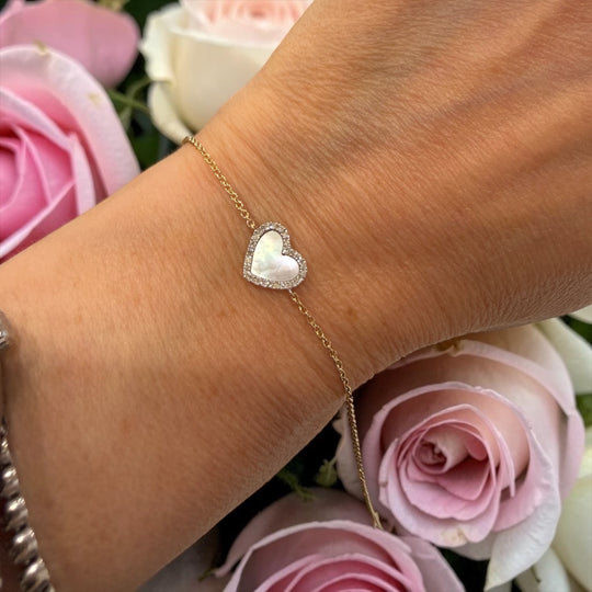 WHITE SMALL MOTHER OF PEARL AND DIAMOND HEART BRACELET