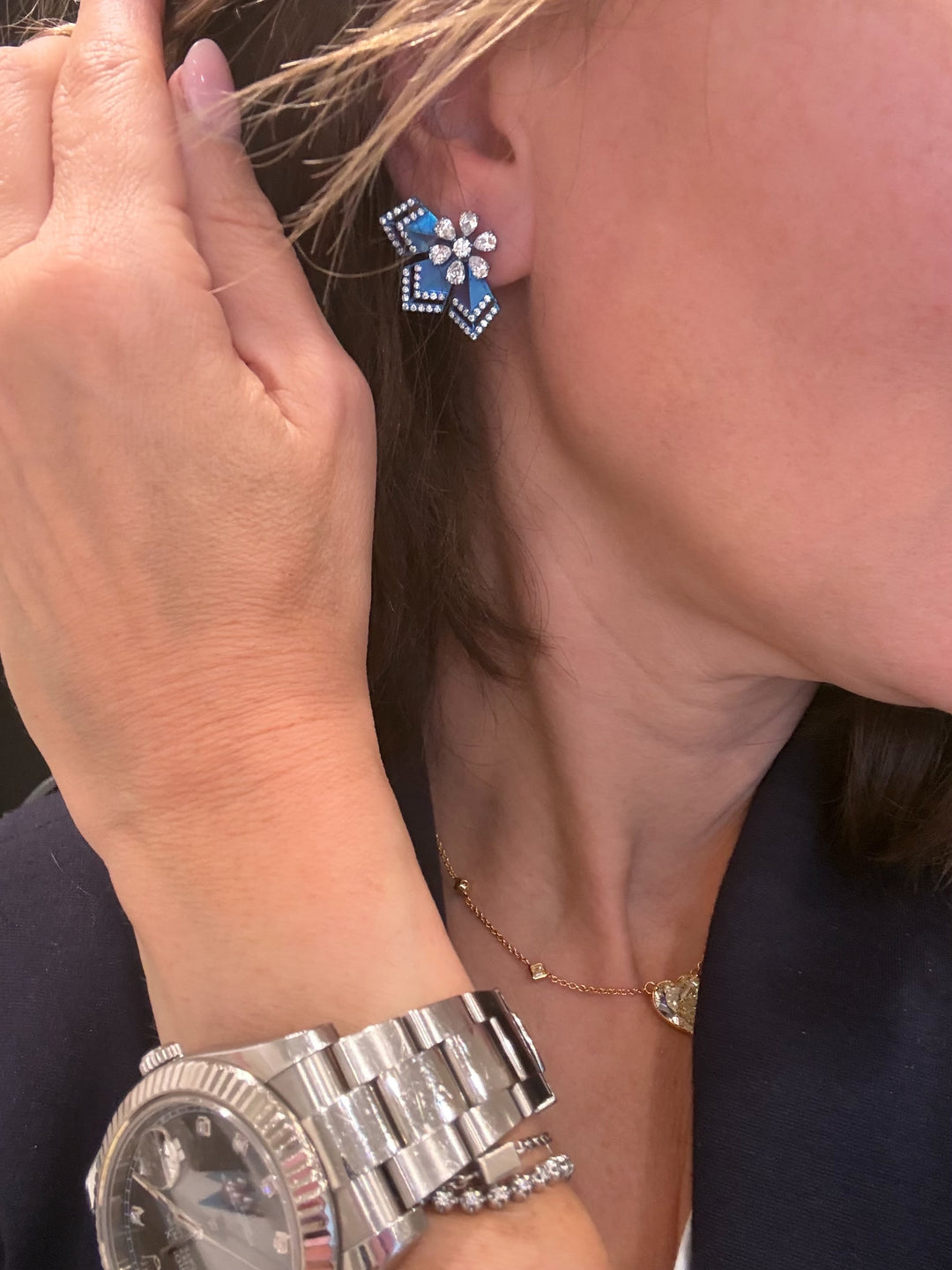 Blue two piece flower and art deco diamond earrings