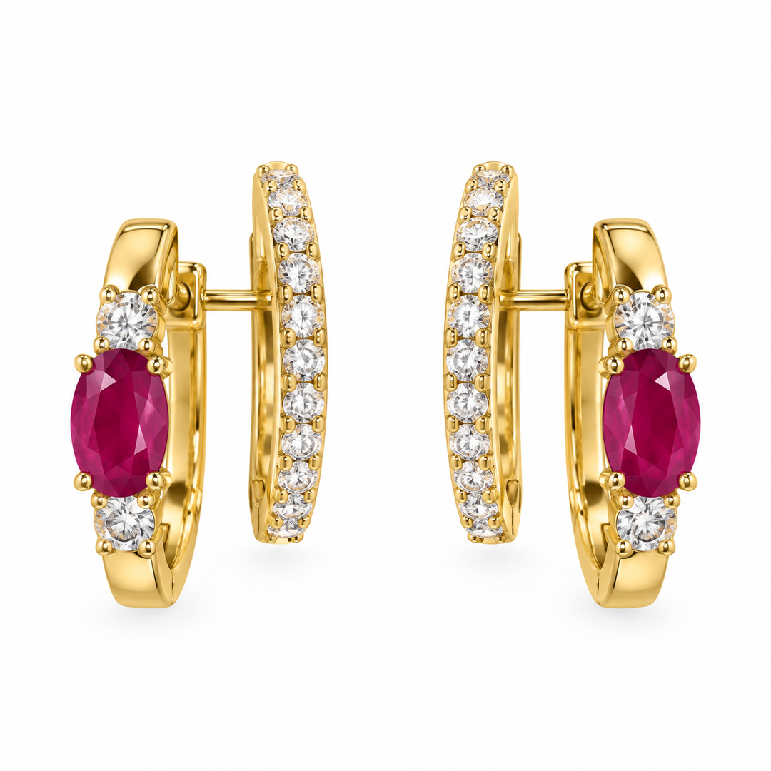 Double Row Huggie with Ruby oval and Diamonds