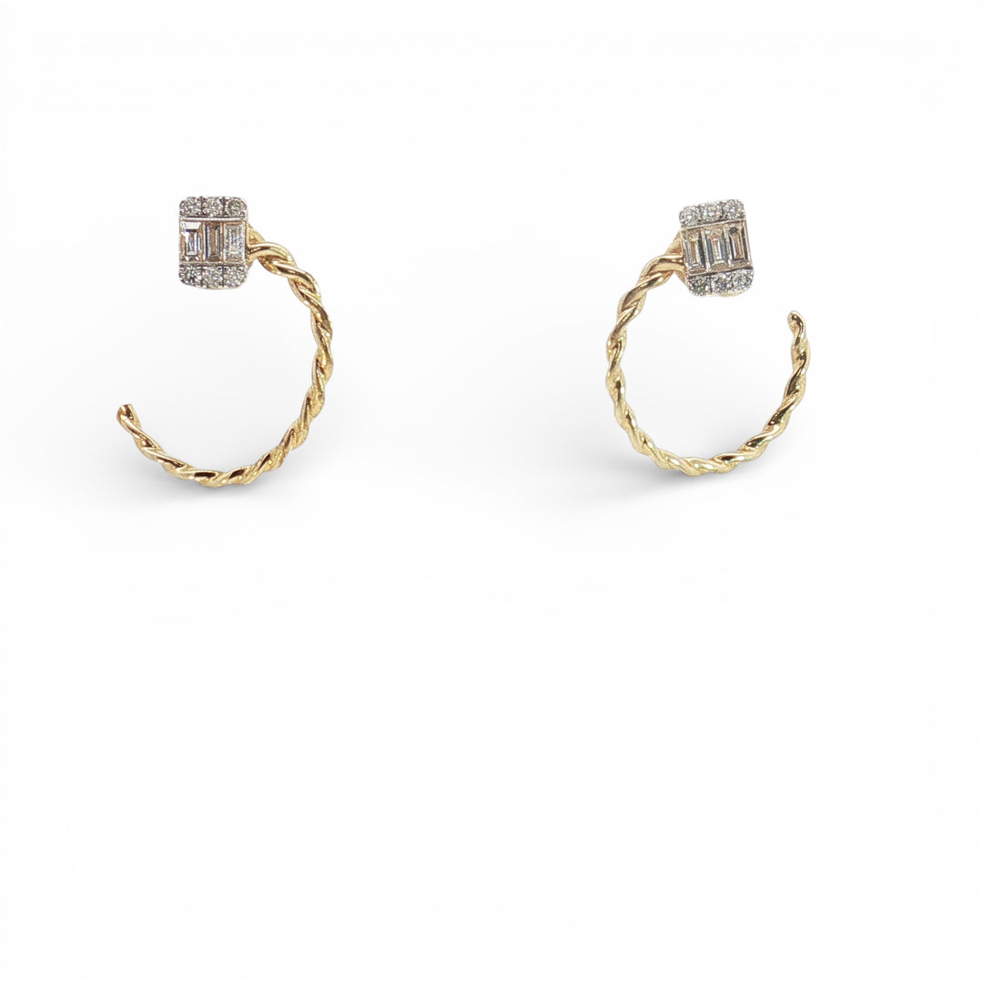 Square Diamond with J twist hoop in Yellow Gold