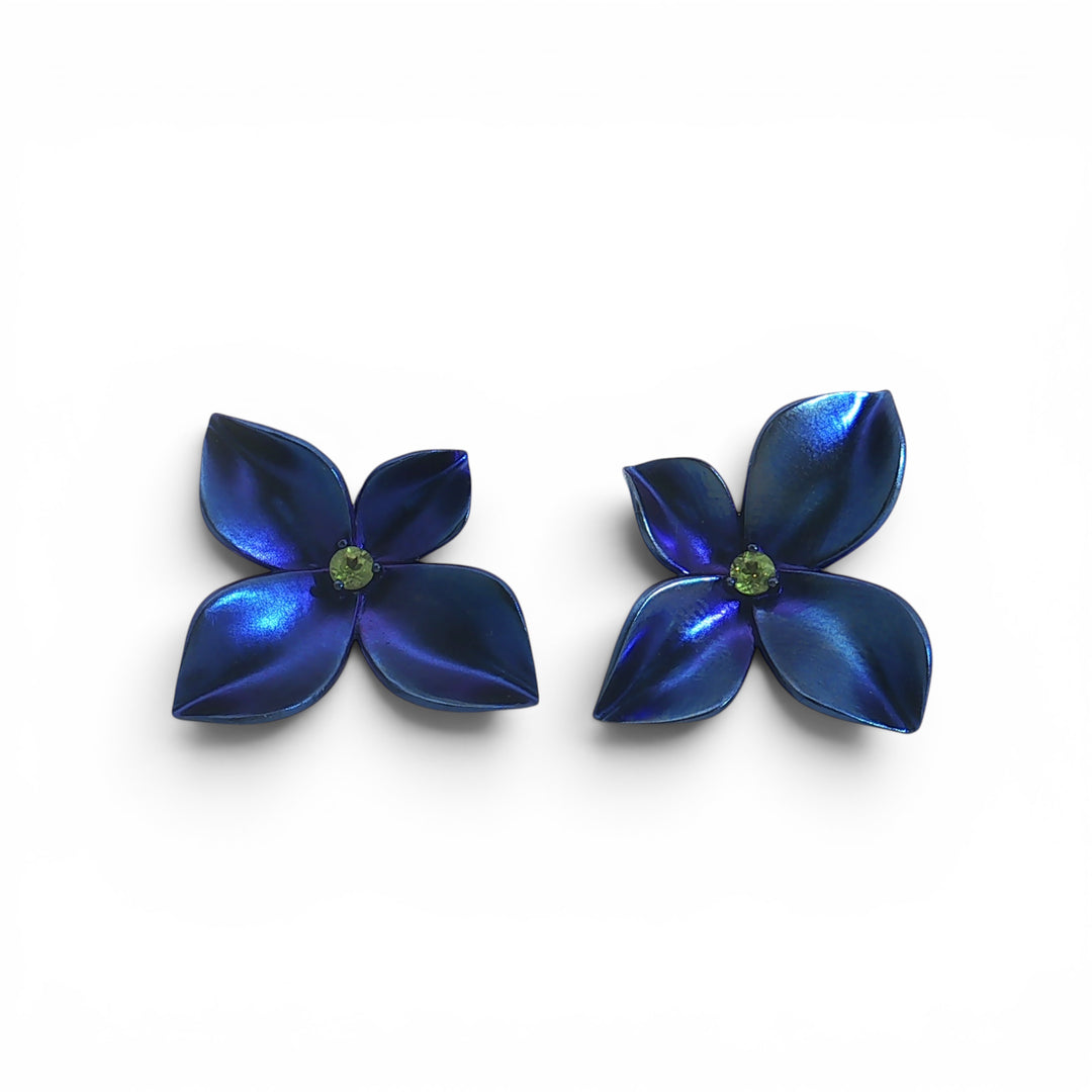 Blue Flower with Peridot center earring