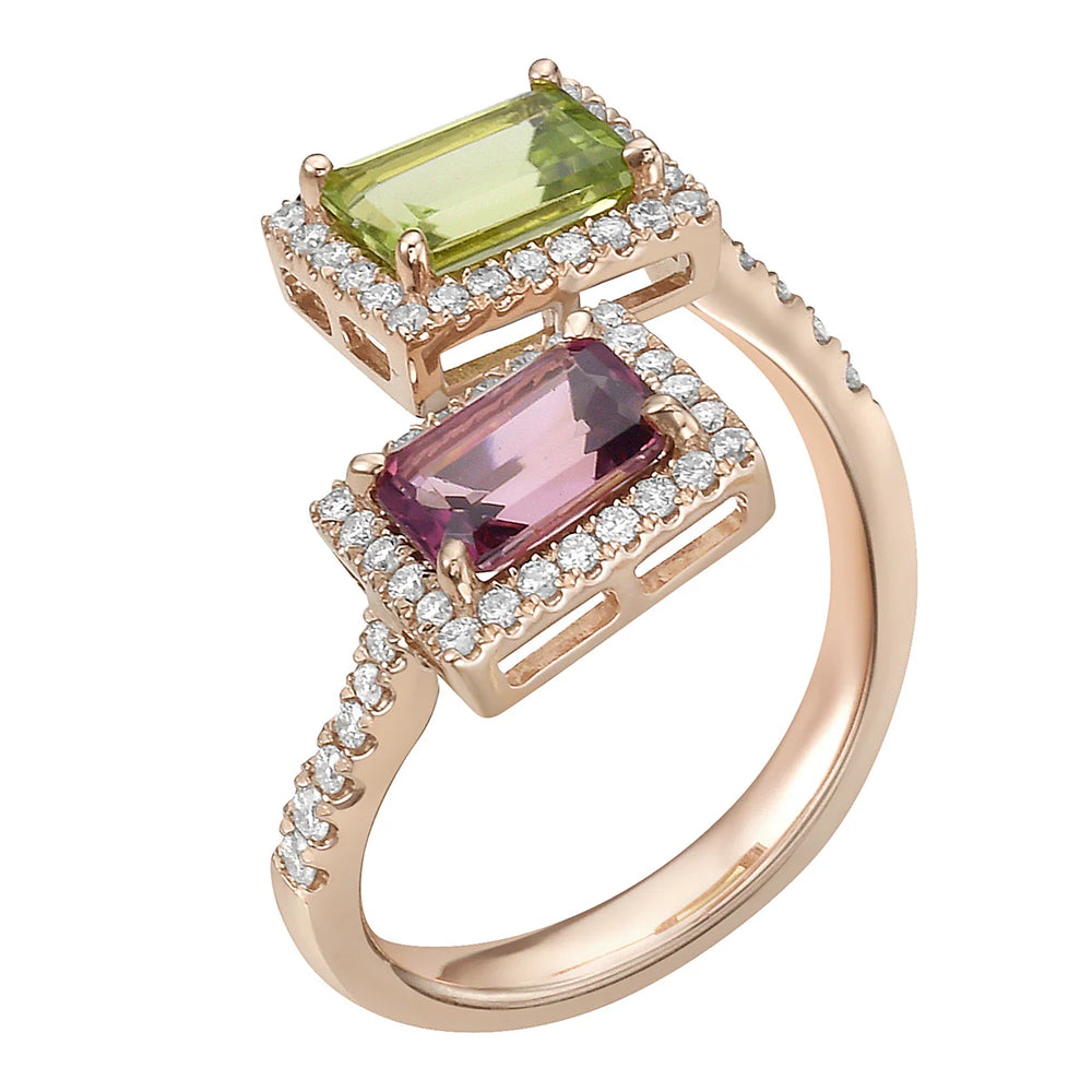 Pink tourmaline and peridot cross over ring