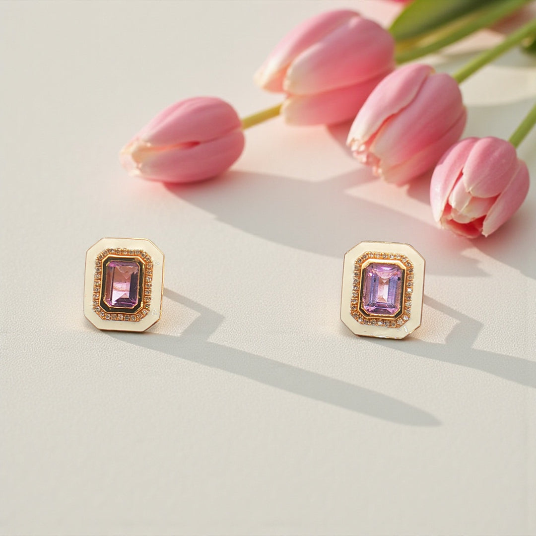 Purple Amythest and White enamel and diamond Earrings