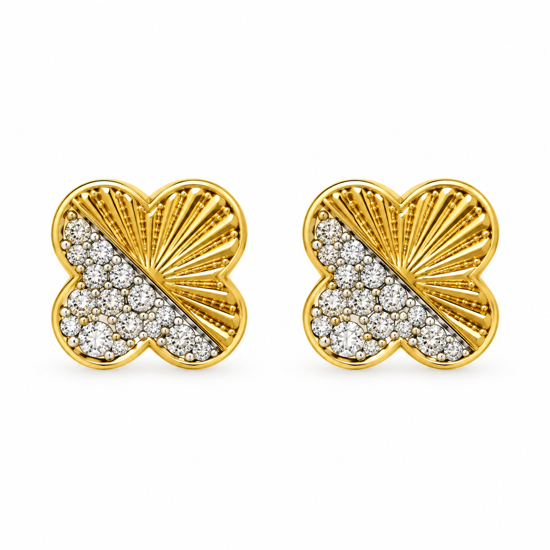 Yellow Gold diamond Sunray clover stud