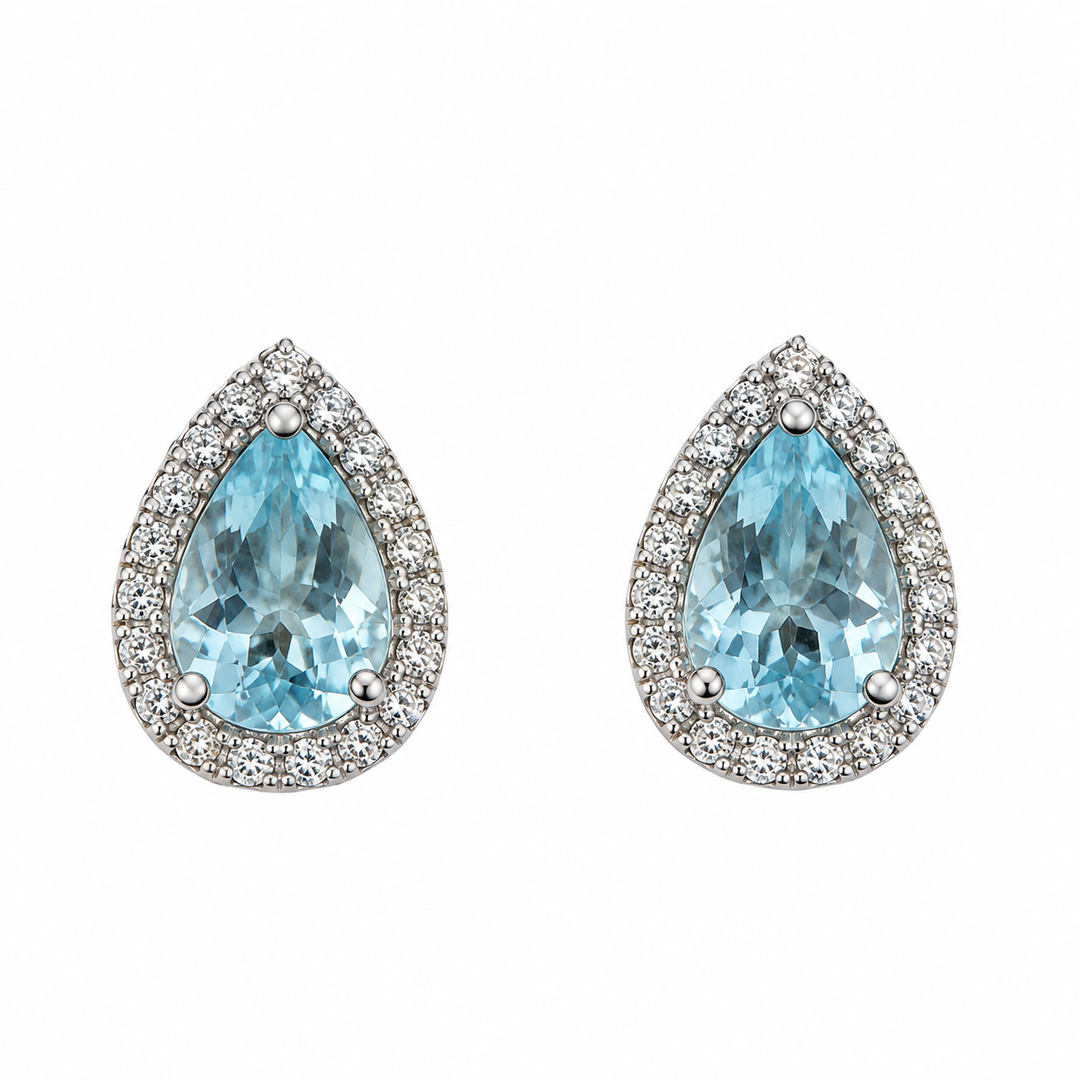 Aquamarine and diamond pear shape studs