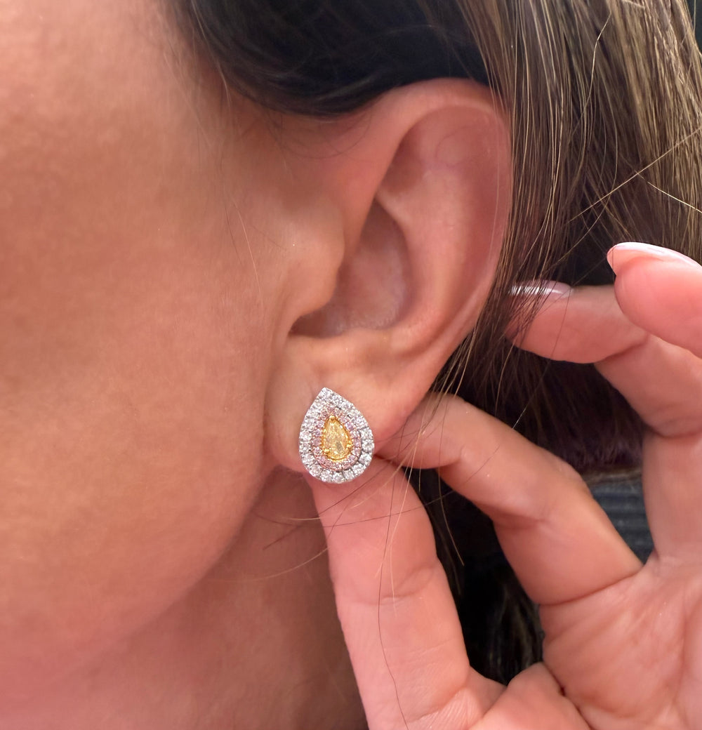 Pear Shape Diamond Studs with Pink Diamond, Yellow Diamond and White Diamond