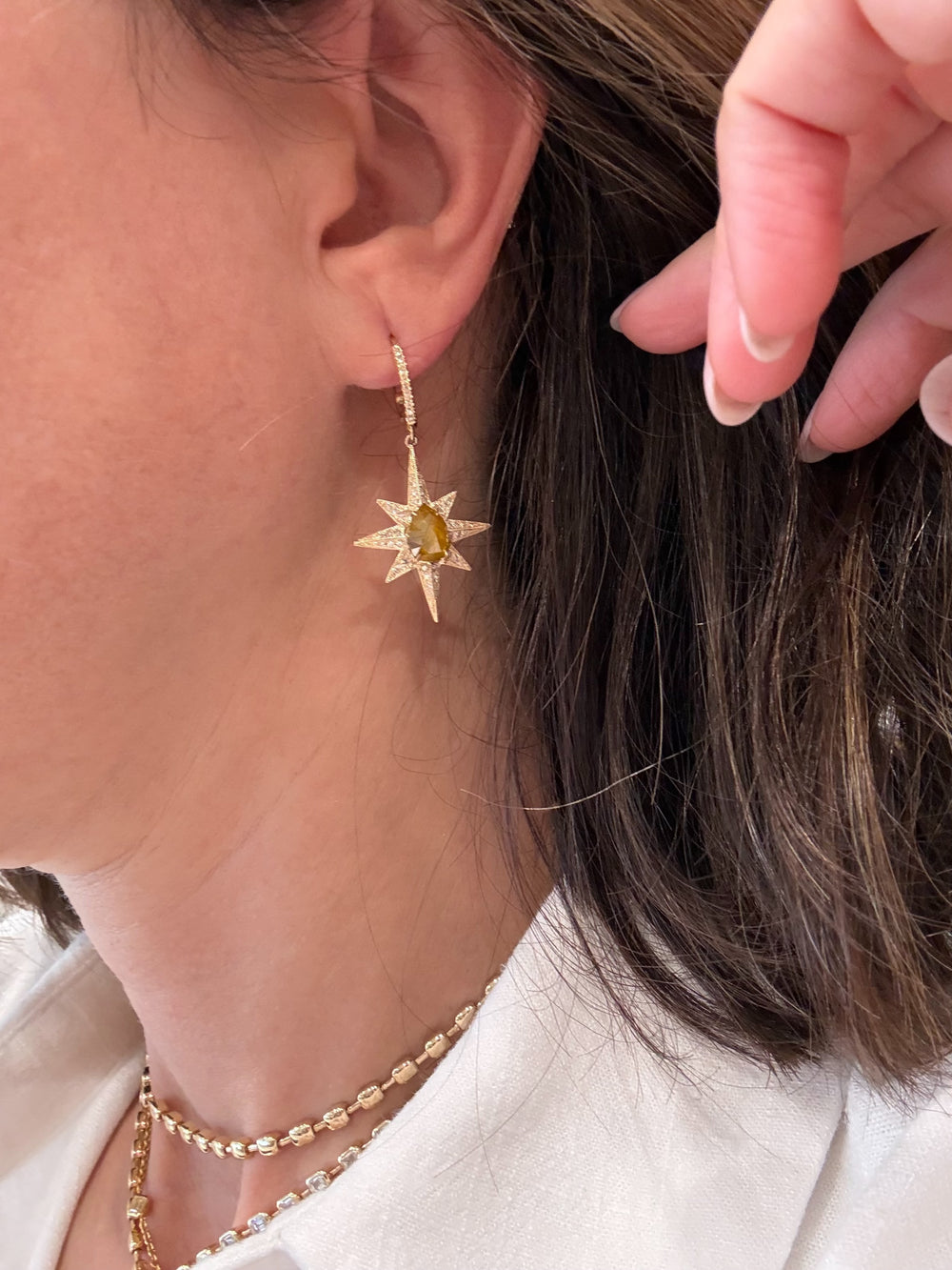 Starburst white diamond & rose cut yellow diamond dangle earrings