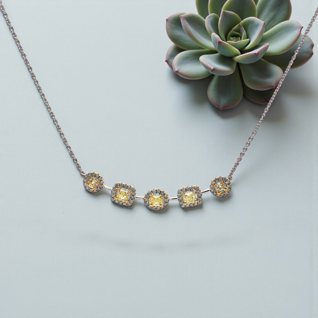 Yellow Diamond round and square Shape Bar Necklace