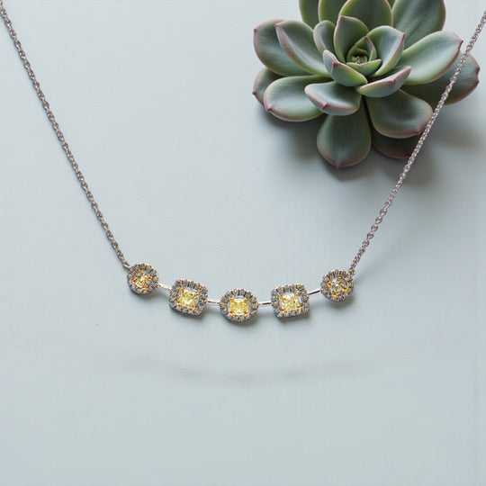 Yellow Diamond round and square Shape Bar Necklace