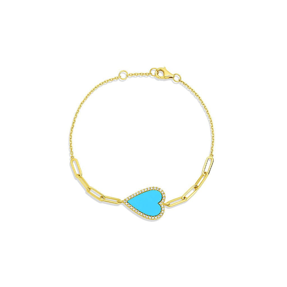 TURQUOISE HEART AND DIAMOND BRACELET WITH PAPERCLIP CHAIN