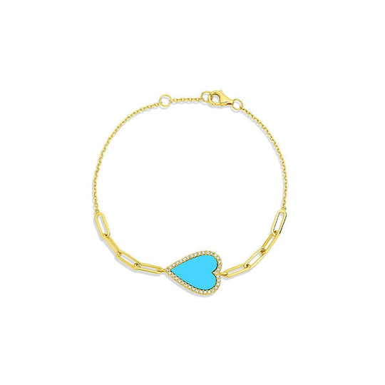 TURQUOISE HEART AND DIAMOND BRACELET WITH PAPERCLIP CHAIN