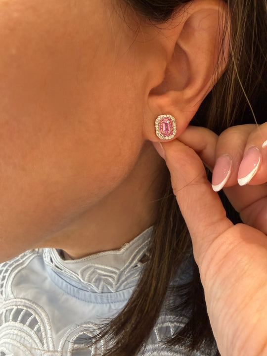 Pink Sapphire Emerald Shape halo diamond Stud Earrings