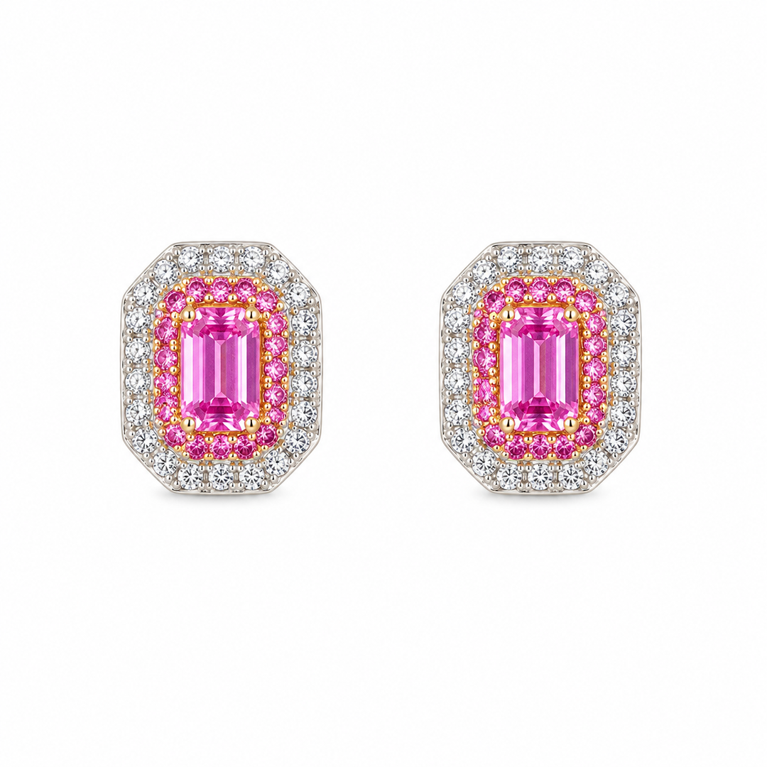 Pink Sapphire Emerald Shape halo diamond Stud Earrings