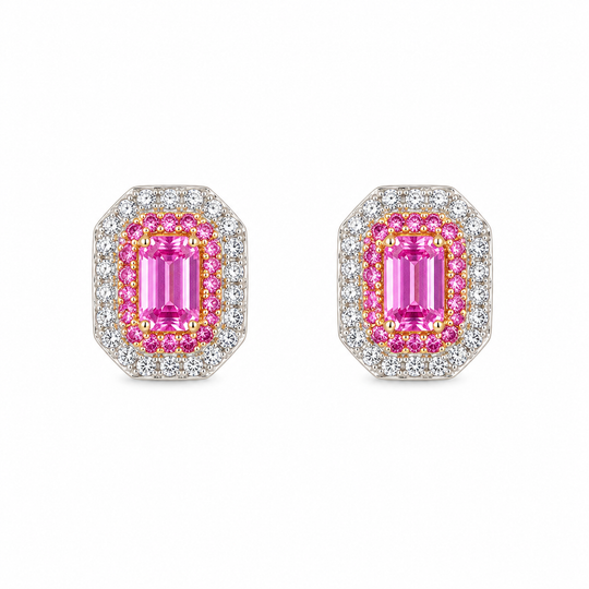 Pink Sapphire Emerald Shape halo diamond Stud Earrings