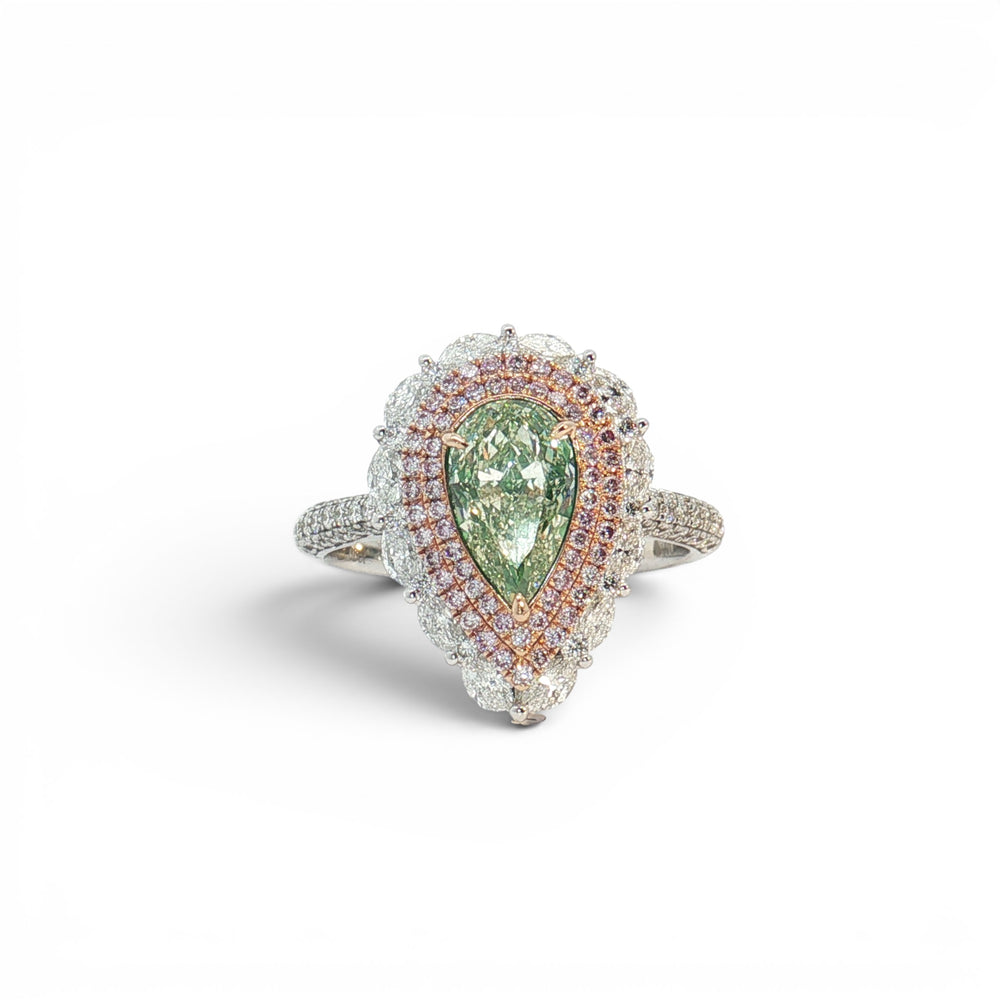 Natural Green Pear Shape Diamond, Pink Diamond and White Diamond halo Ring