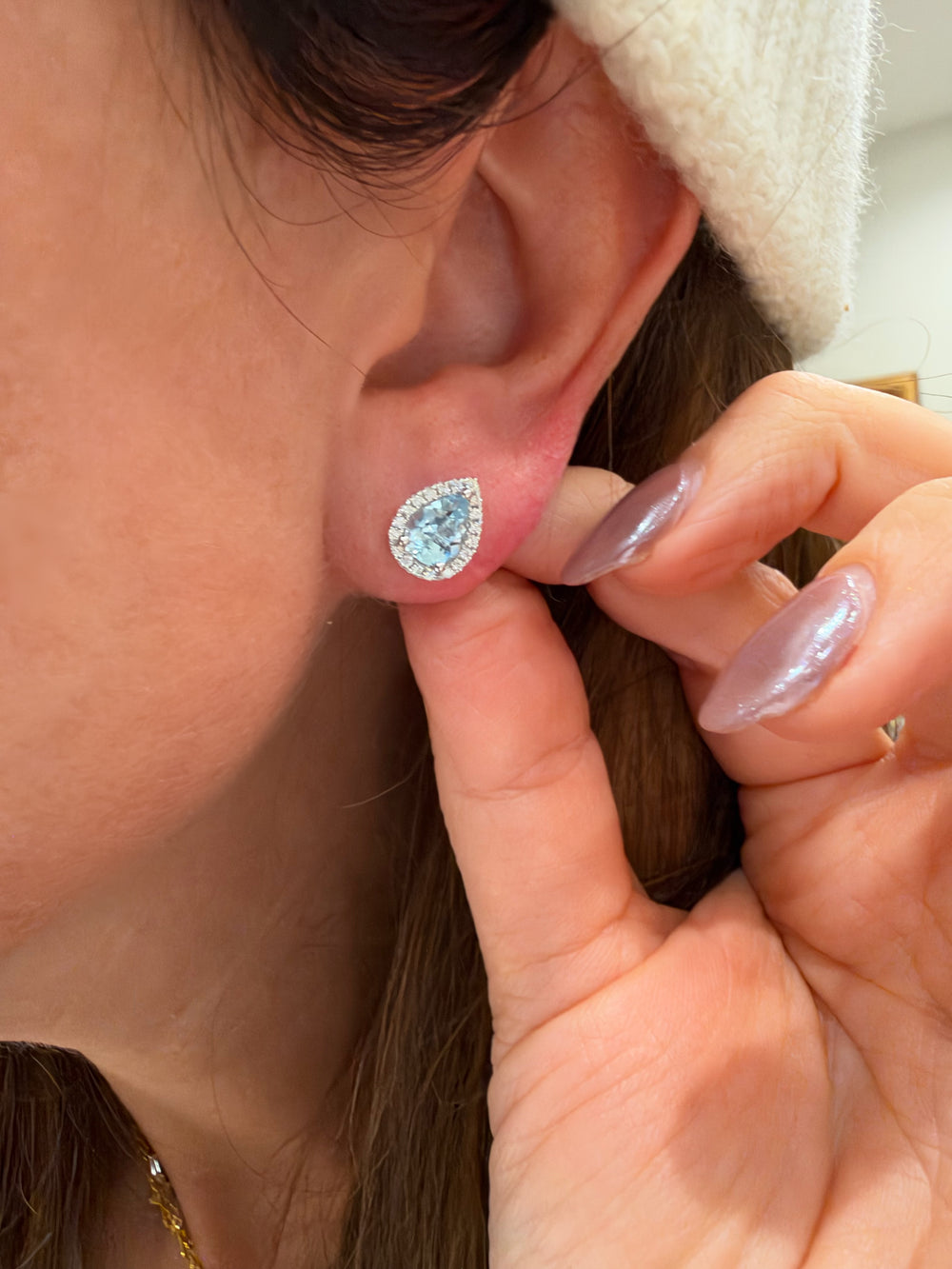 Aquamarine and diamond pear shape studs