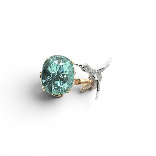 Diamond Hummingbird and Aquamarine Statement Ring