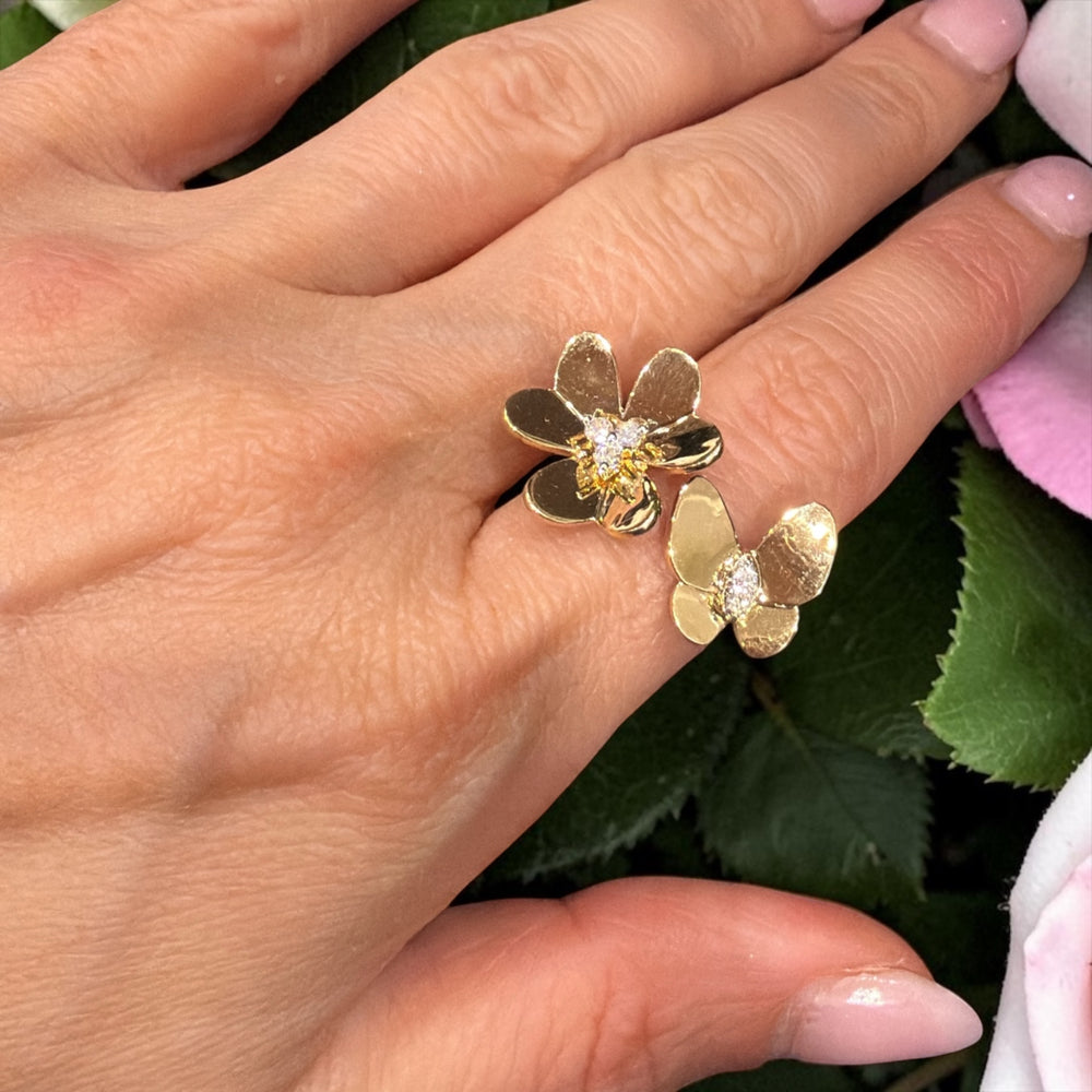 Yellow gold Butterfly and Flower Ring with Center Diamonds