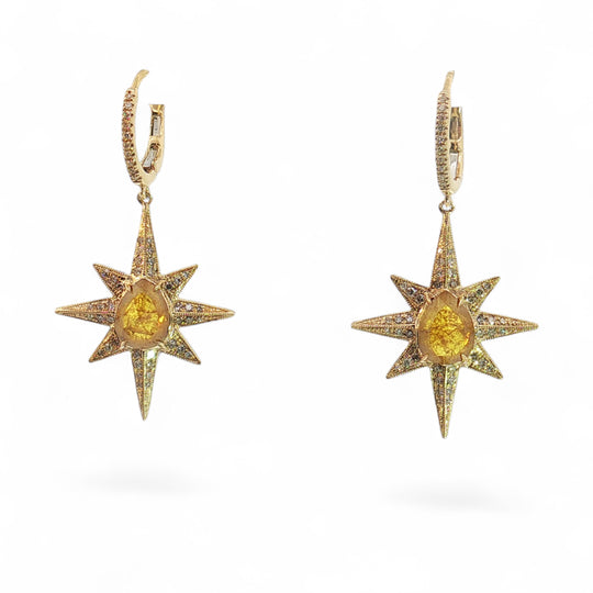 Starburst white diamond & rose cut yellow diamond dangle earrings