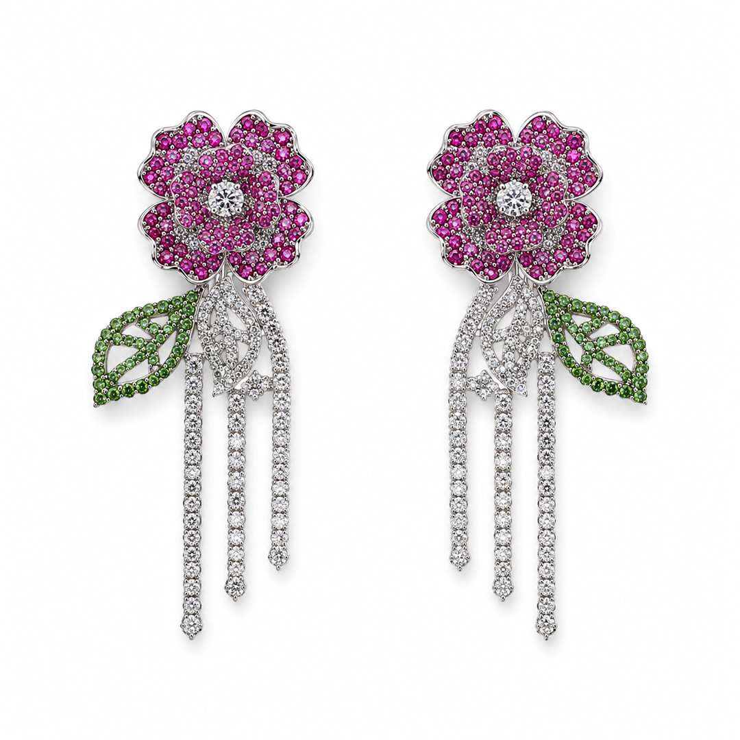 PINK SAPPHIRE, EMERALD AND DIAMOND HANGING FLOWER EARRINGS