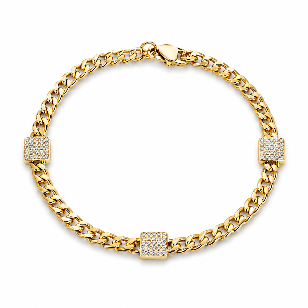 3 Diamond square on Cuban Chain bracelet YG