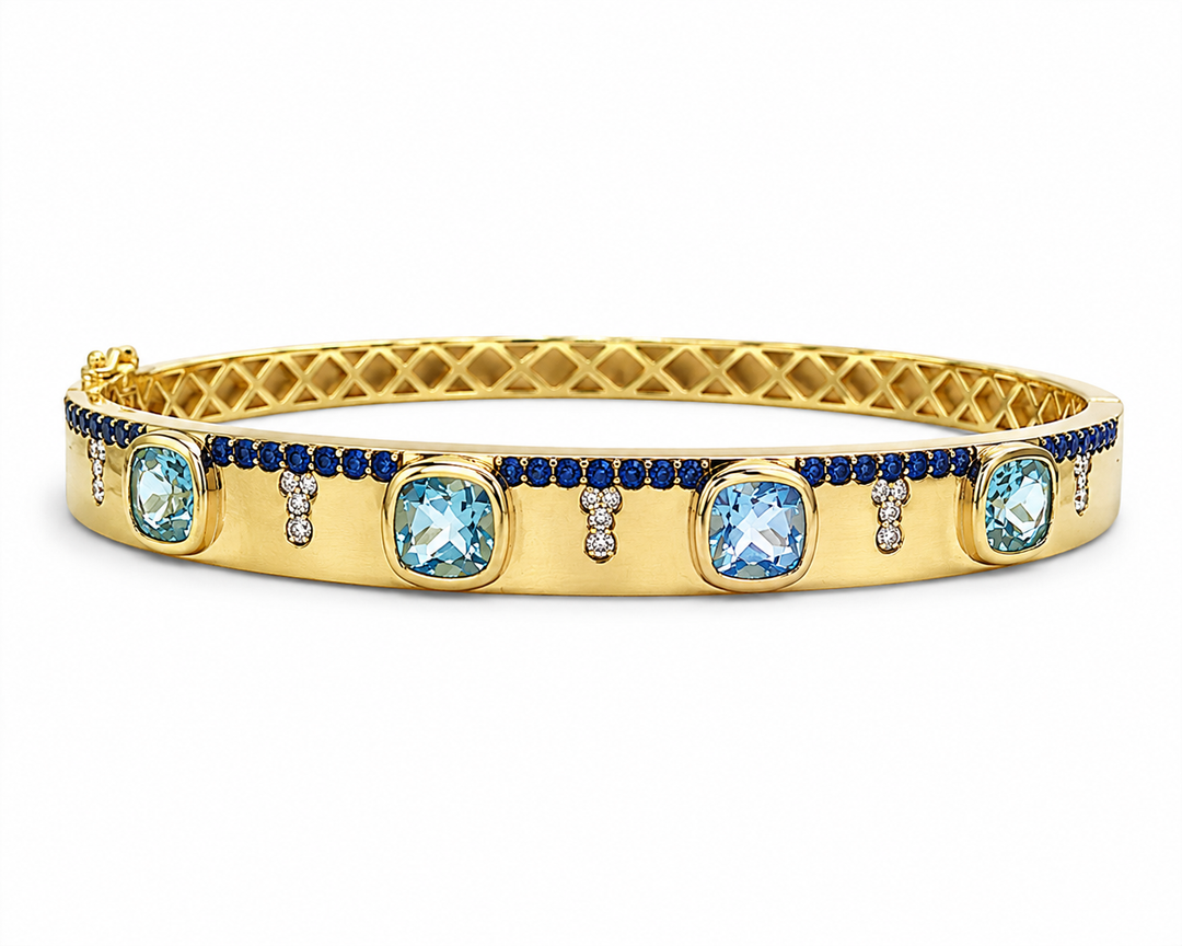 Aquamarine and Sapphire bangle bracelet YG