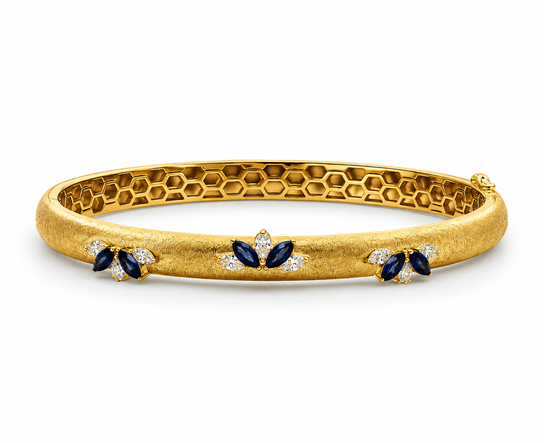 Satin finish sapphire and diamond marquise YG bracelet