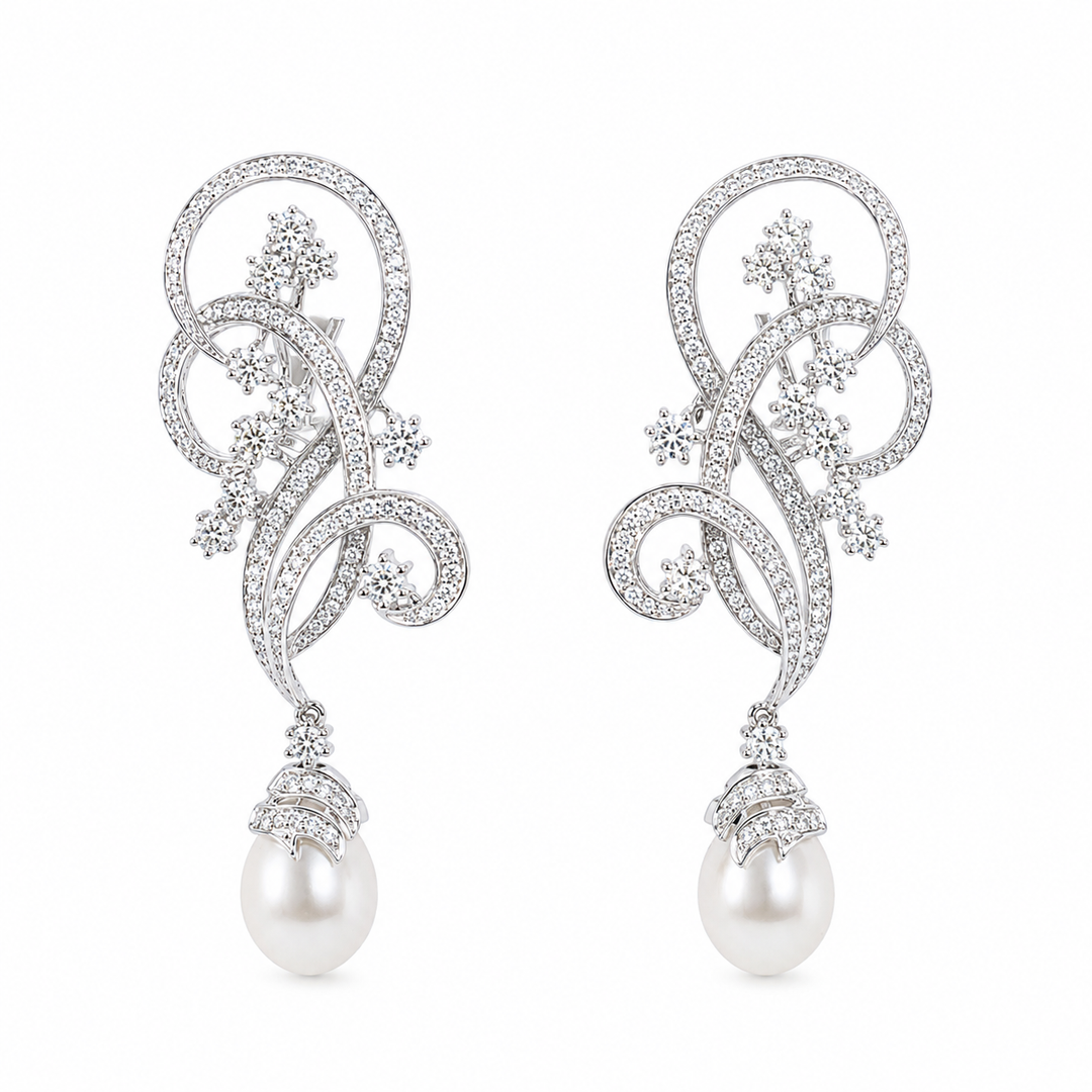 DIAMOND HANGING PEARL WEDDING EARRING