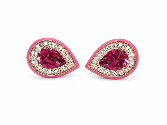 Pink Tourmaline and Pear shape and diamond studs with Pink enamel