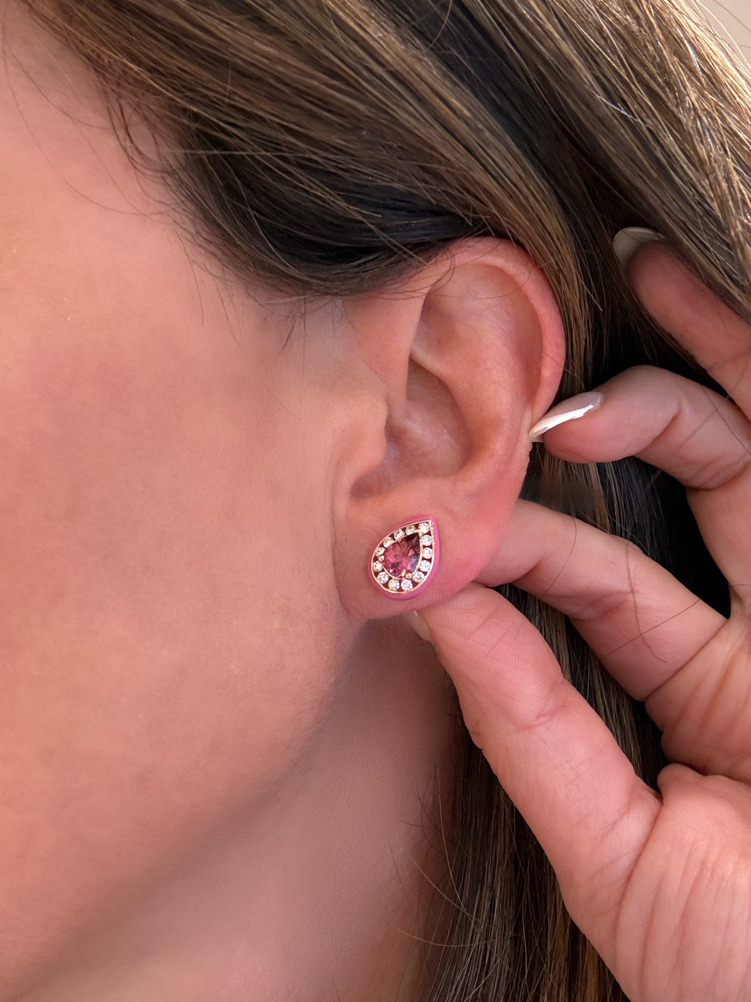 Pink Tourmaline and Pear shape and diamond studs with Pink enamel