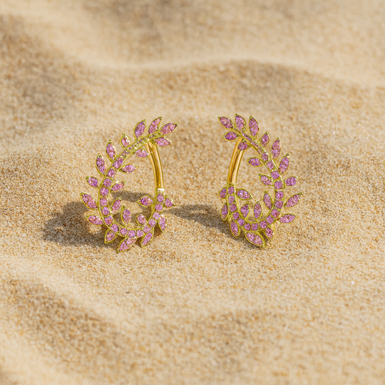 Pink Sapphire Leaf Hoops