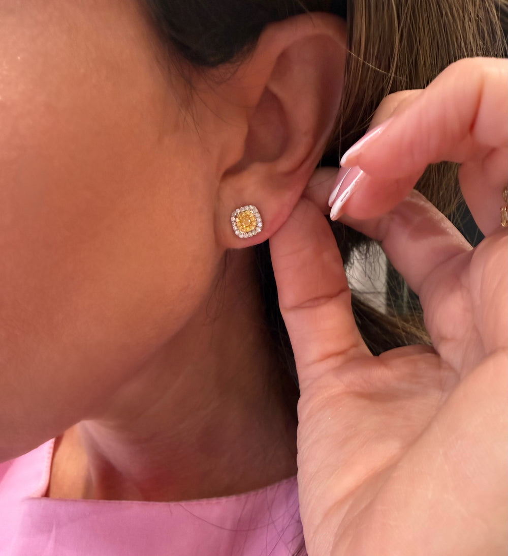 Fancy Yellow Cushion Diamond Stud