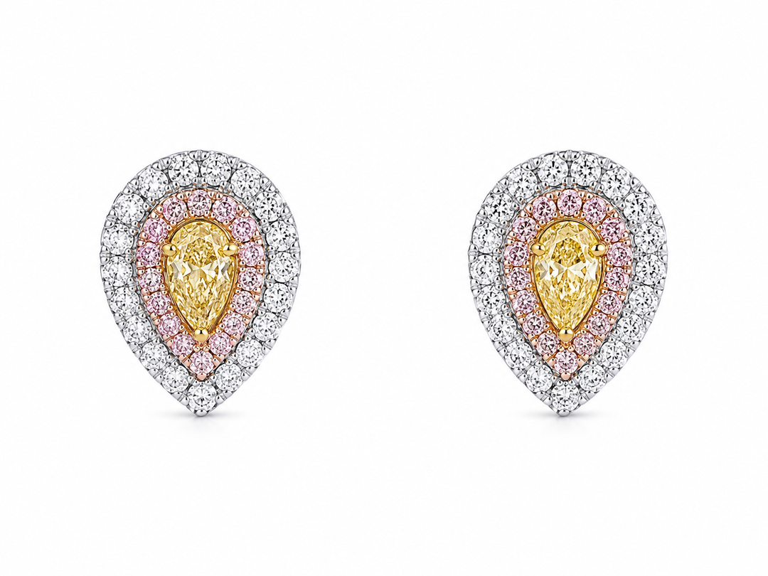 Pear Shape Diamond Studs with Pink Diamond, Yellow Diamond and White Diamond