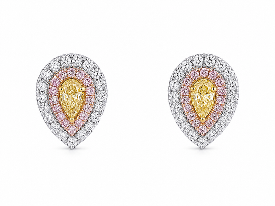 Pear Shape Diamond Studs with Pink Diamond, Yellow Diamond and White Diamond