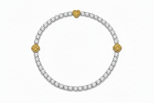 Diamond Tennis Bracelet with Three  fancy Yellow Diamond shapes