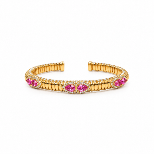 Pink Sapphire and Diamond Flexible Cuff Bangle Bracelet