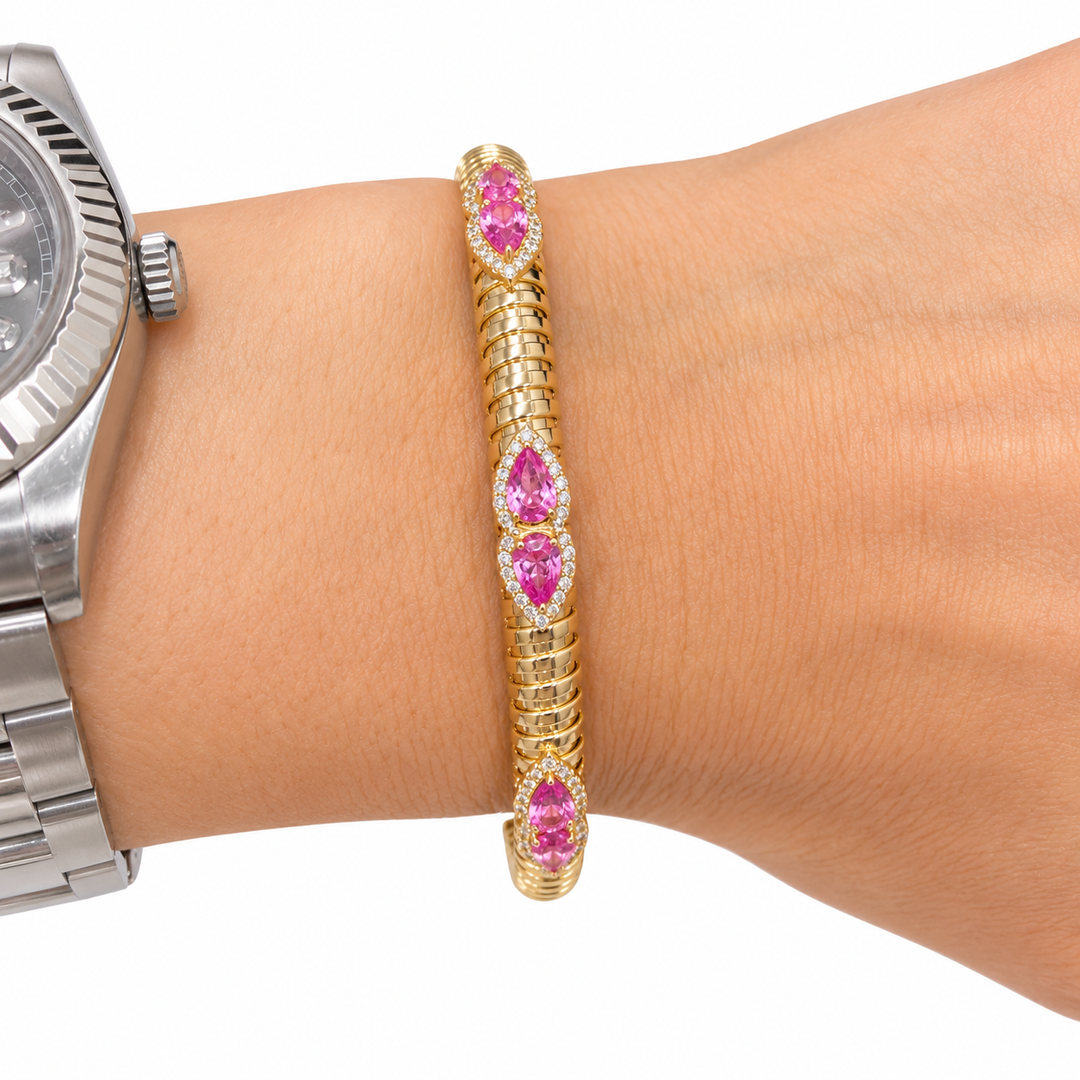 Pink Sapphire and Diamond Flexible Cuff Bangle Bracelet
