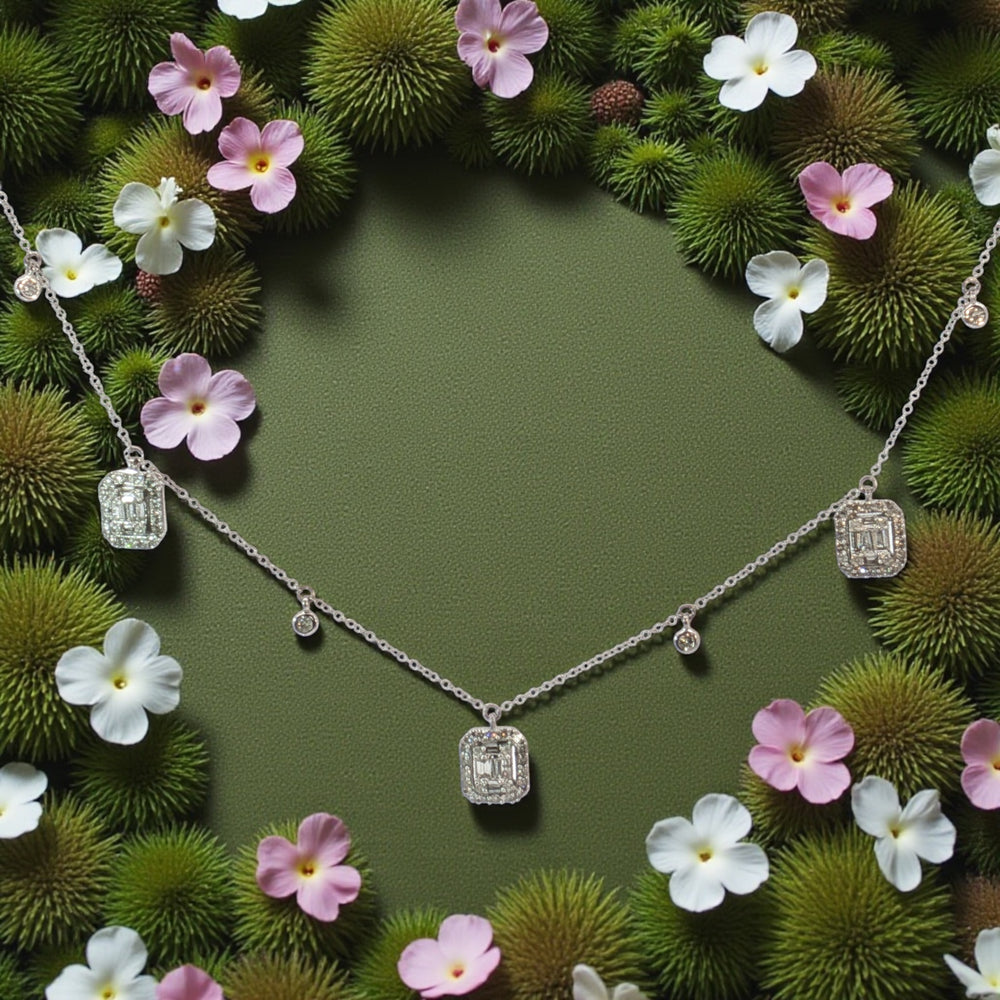 14K White gold emerald diamond 3 Station Necklace