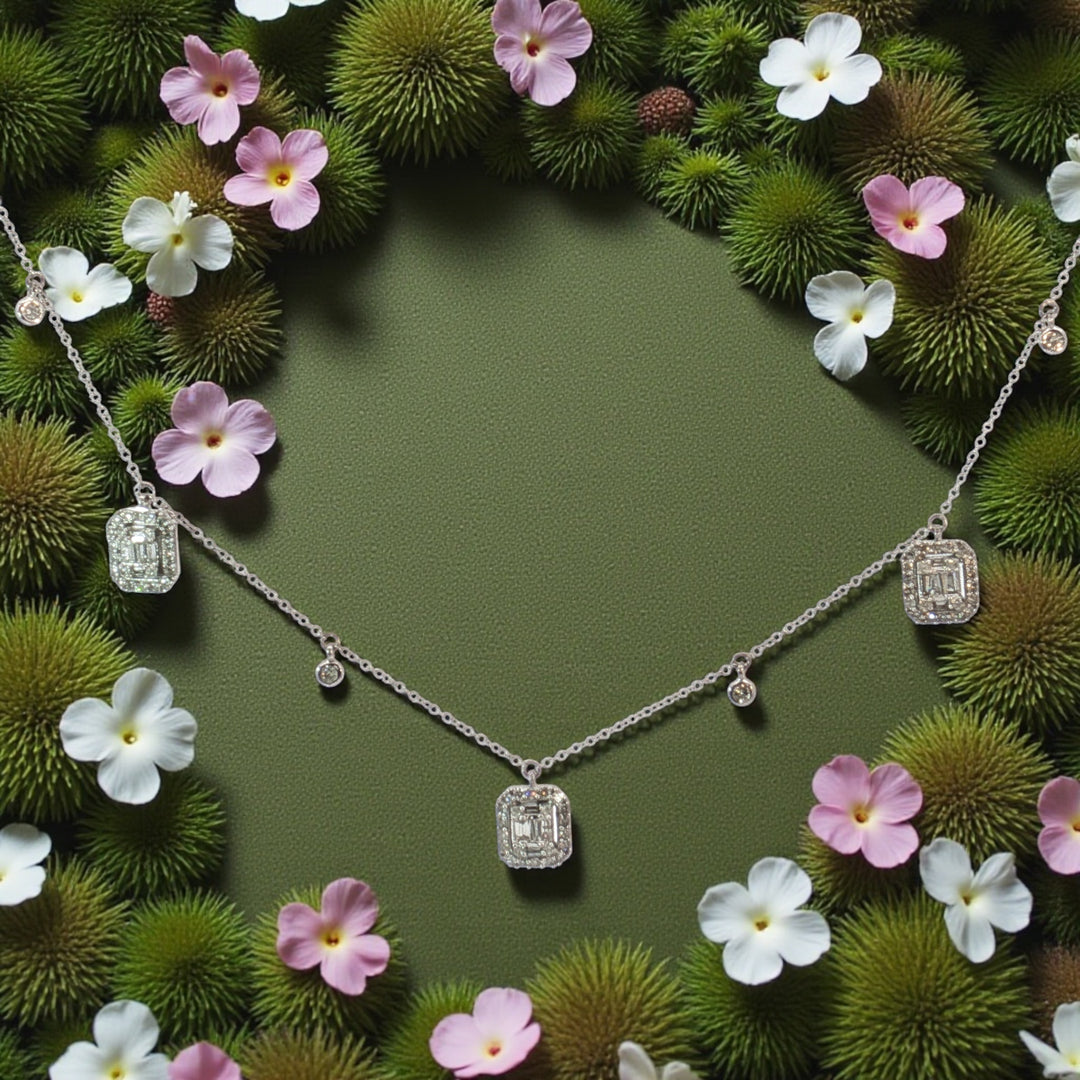 14K White gold emerald diamond 3 Station Necklace