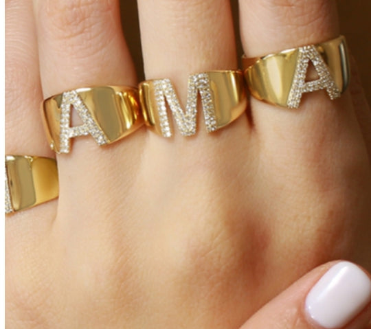 Diamond Letter Yellow Gold Ring