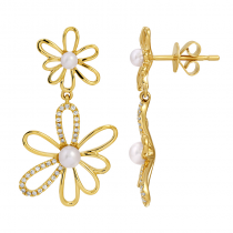 Flower Pearl and Diamond hanging earrings