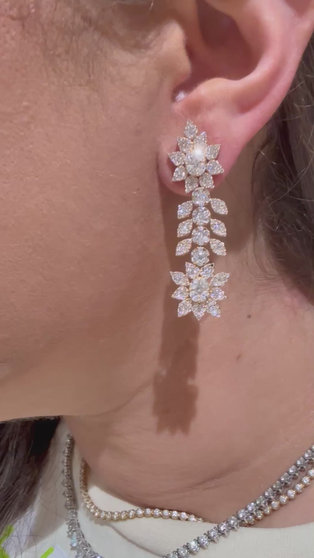 Yellow Gold Diamond Wedding hanging floral earrings