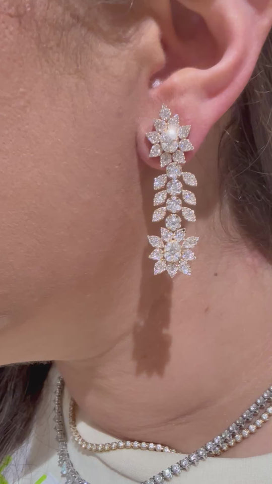 Yellow Gold Diamond Wedding hanging floral earrings