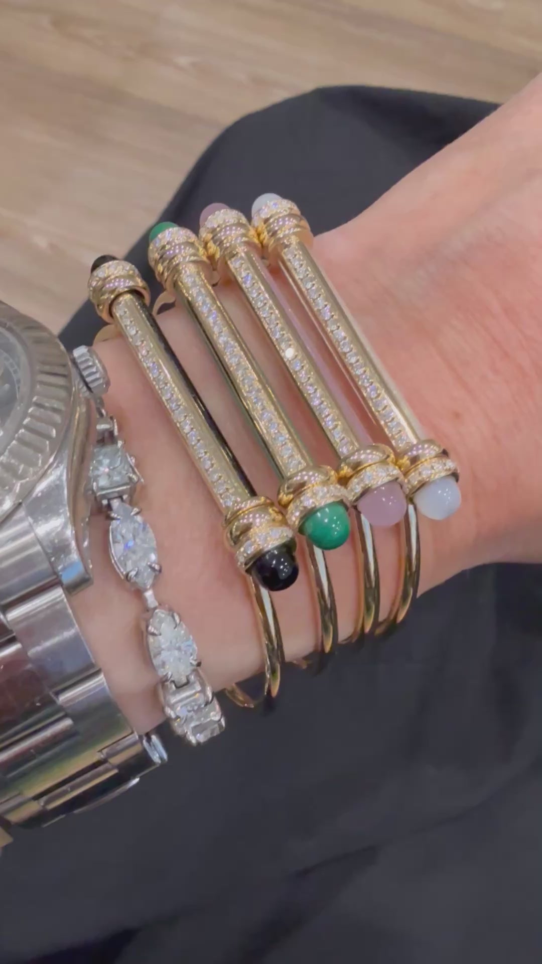 Rose Quartz and diamond Line Bangle