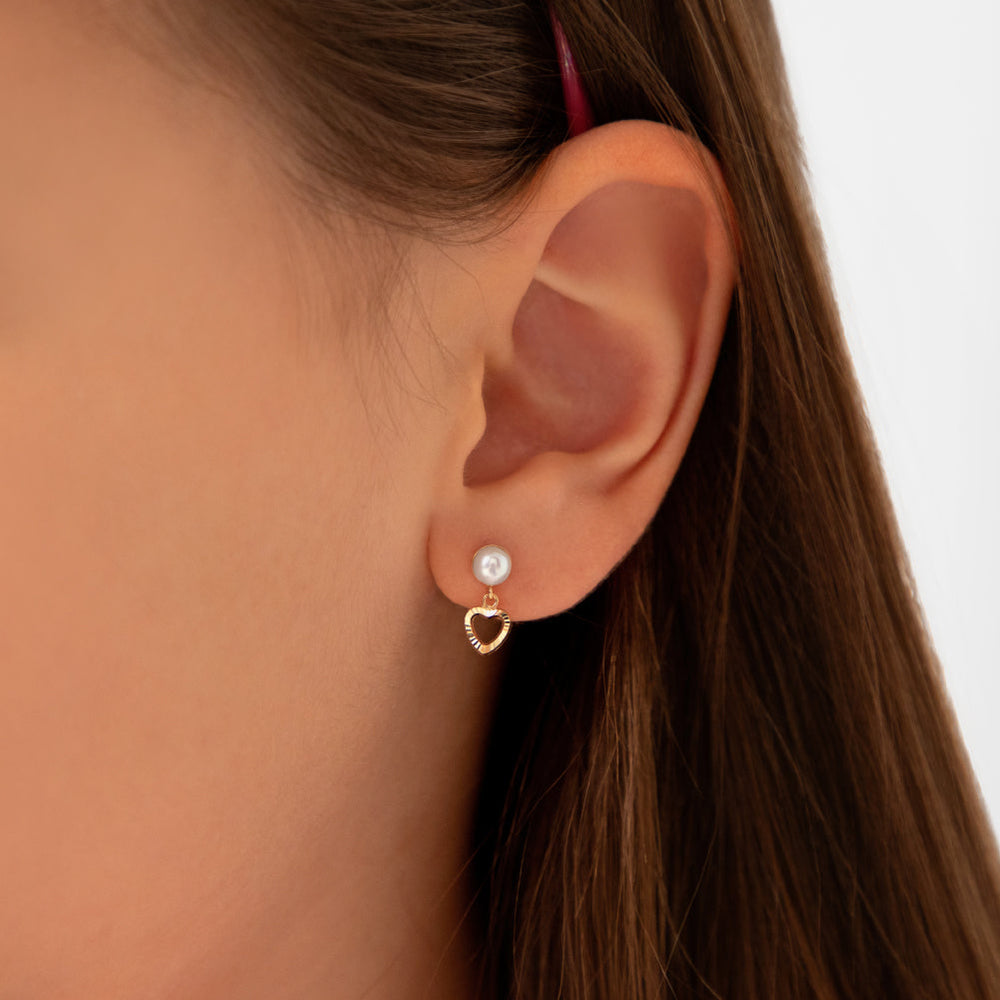 14k Pearl Heart Dangle Girl Earrings