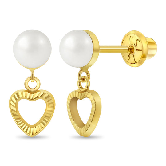14k Pearl Heart Dangle Girl Earrings